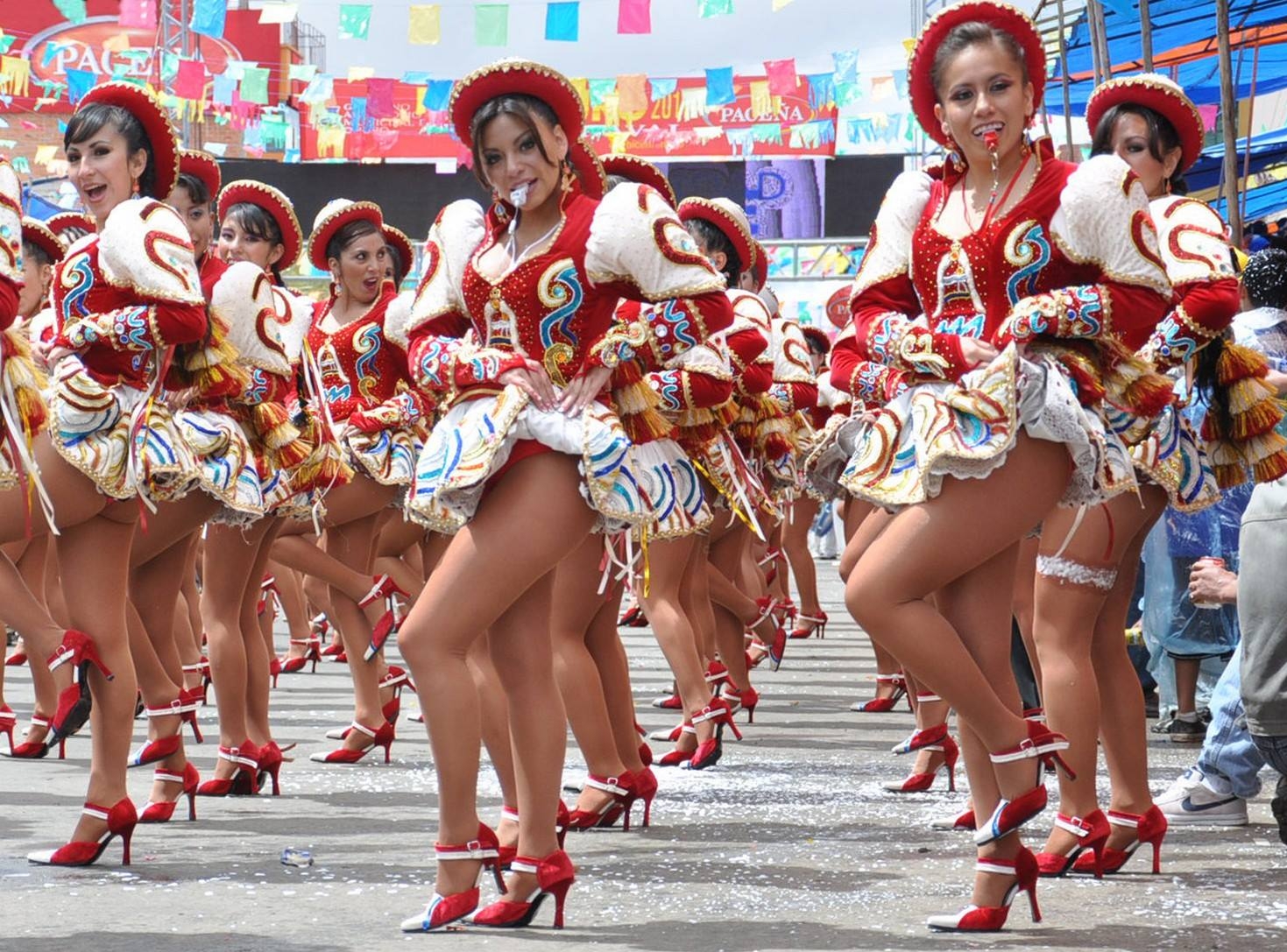 Brunette Majorettes wearing Tan Sheer Pantyhose and Red Stilettos